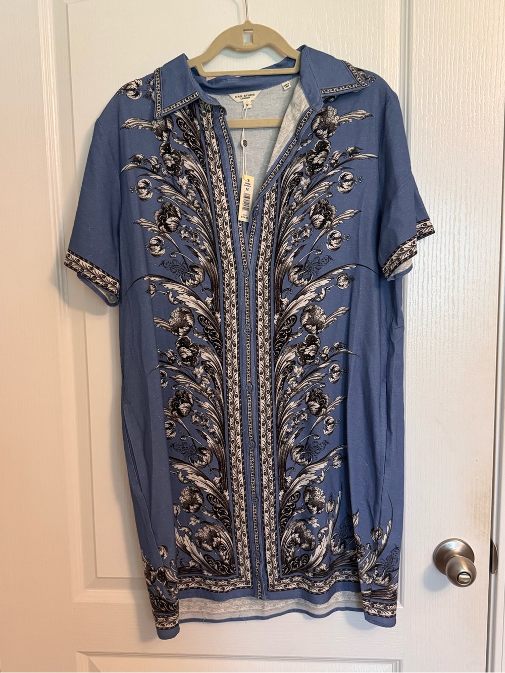 Max Studio Blue Printed Short-Sleeve Mini Dress with Ornate Border Print